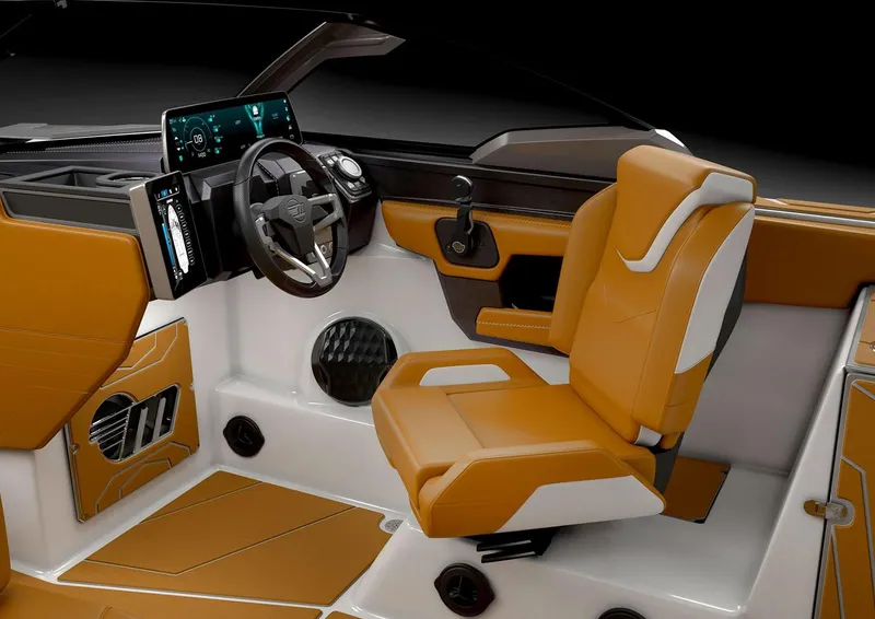 Slide: The Image of Manufacturer Provided Image: 2026 Malibu Wakesetter 25 LSV interior with modern dashboard and tan seating. - 15