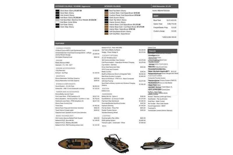 Slide: The Image of 2026 Malibu Wakesetter 25 LSV specifications and features list with color options. - 4