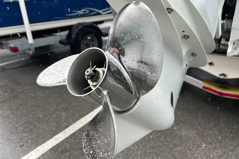 Slide: The Image of Close-up of a 2019 Key West 239 FS boat propeller with raindrops. - 19