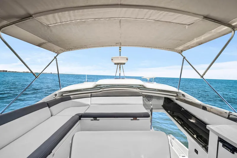 Slide: The Image of 2019 Galeon 560 Sky yacht interior with ocean view and spacious seating. - 16