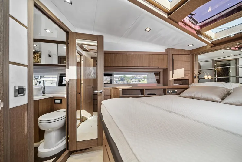 Slide: The Image of Luxurious interior of 2019 Galeon 560 Sky yacht with modern bedroom and bathroom. - 21