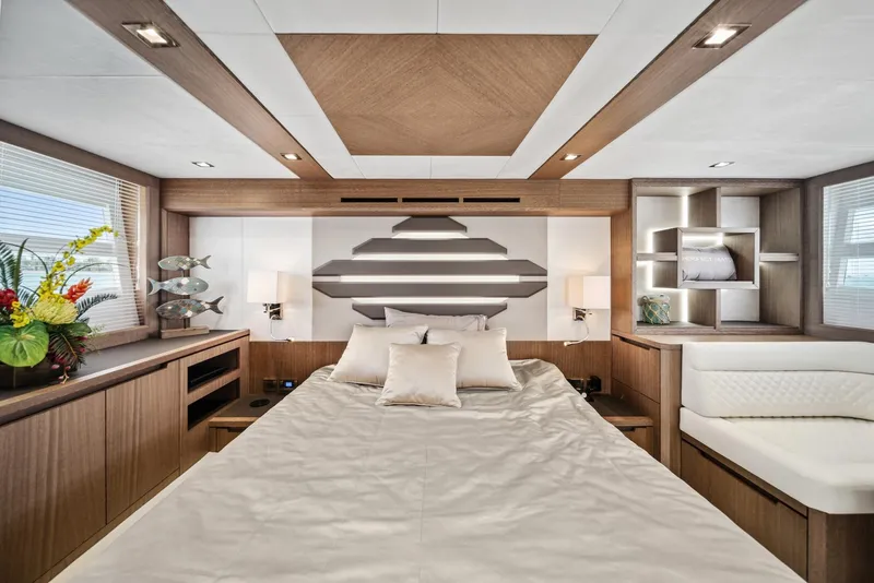 Slide: The Image of Luxurious bedroom interior of 2019 Galeon 560 Sky yacht with modern design elements. - 5