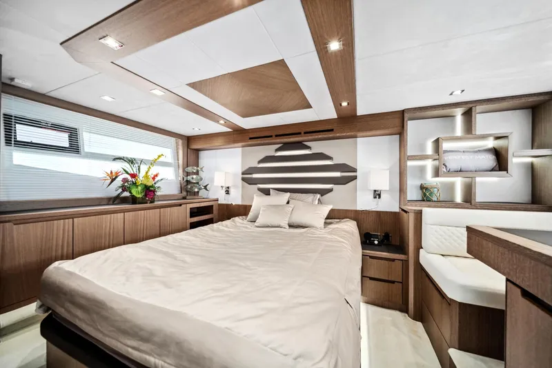 Slide: The Image of Luxurious bedroom interior of 2019 Galeon 560 Sky yacht with modern design. - 6