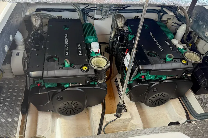 Slide: The Image of Twin Volvo Penta engines in a 2024 Tesoro T40 boat engine room. - 48