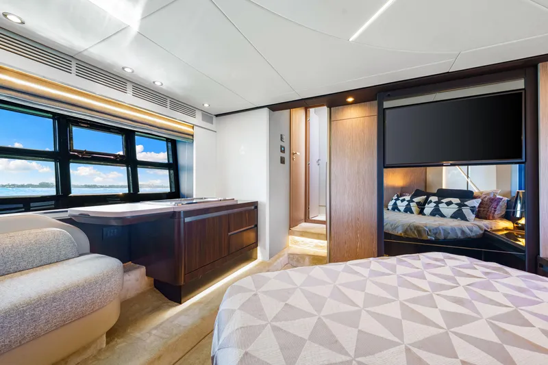Slide: The Image of Luxurious interior of 2020 Azimut S6 yacht with modern design and scenic window views. - 106