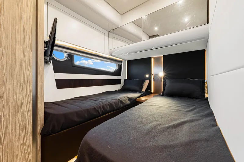 Slide: The Image of Luxurious 2020 Azimut S6 yacht cabin with twin beds and modern interior design. - 113