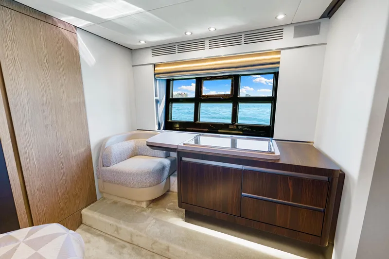 Slide: The Image of Luxurious interior of 2020 Azimut S6 yacht with ocean view through window. - 104