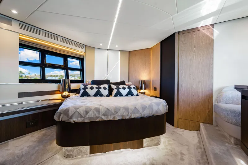 Slide: The Image of Luxurious bedroom interior of 2020 Azimut S6 yacht with modern design and elegant furnishings. - 102