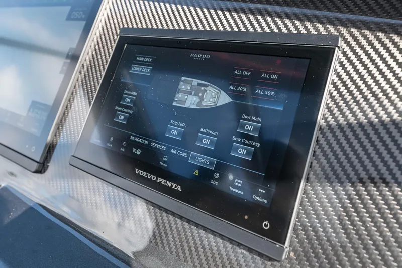 Slide: The Image of Touchscreen display on Pardo Yachts 43, 2023 model, featuring Volvo Penta controls. - 13