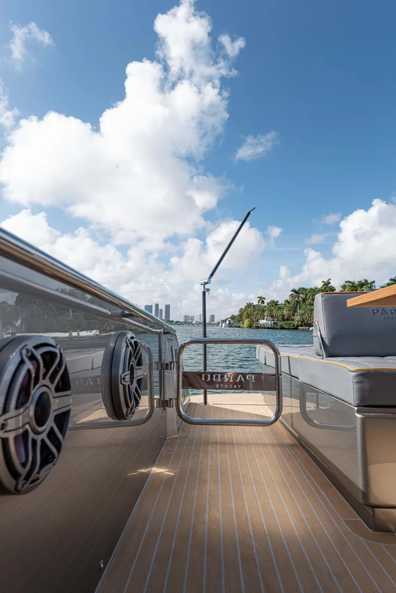 Slide: The Image of Pardo Yachts 43, 2023, on open water with blue sky. - 21