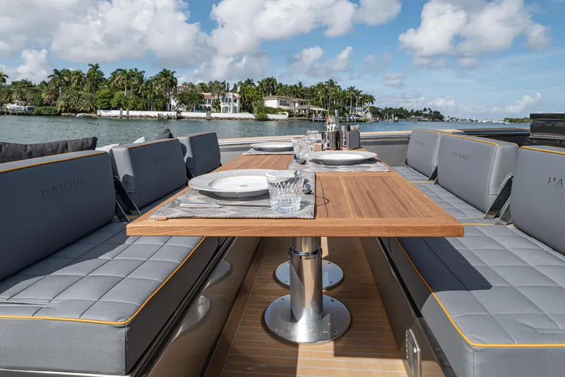Slide: The Image of Luxurious dining area on a 2023 Pardo Yachts 43 with ocean view. - 22