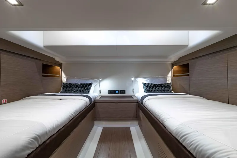 Slide: The Image of Interior of Pardo Yachts 43, 2023, featuring twin beds. - 27