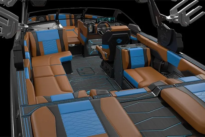 Slide: The Image of Manufacturer Provided Image: 2026 Malibu Wakesetter 24 MXZ interior with brown and blue seating, modern design. - 14