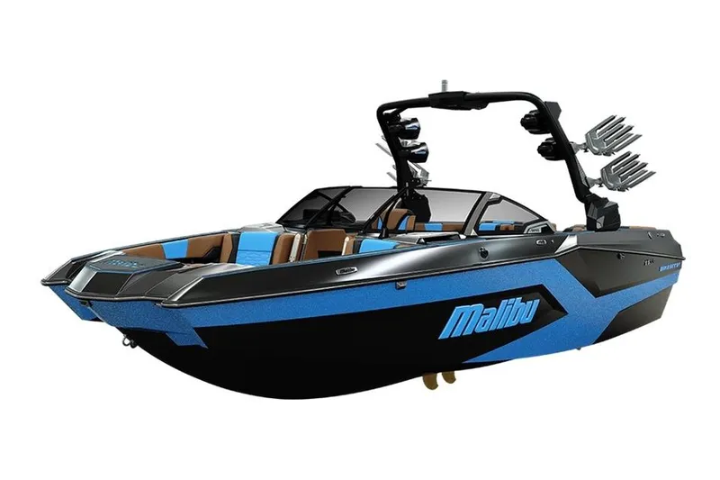 Slide: The Image of Manufacturer Provided Image: 2026 Malibu Wakesetter 24 MXZ boat, sleek design, blue and black color scheme. - 17
