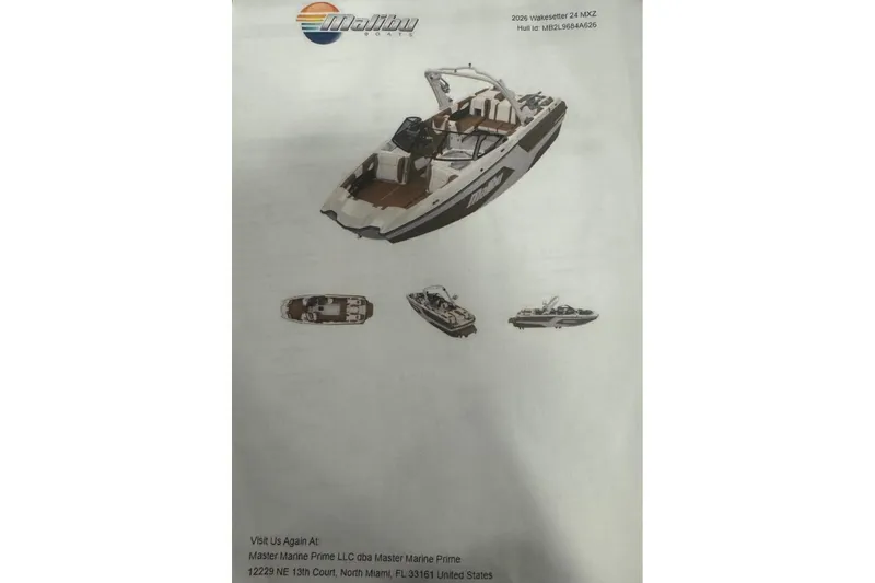 Slide: The Image of 2026 Malibu Wakesetter 24 MXZ boat brochure with multiple views and dealership information. - 7