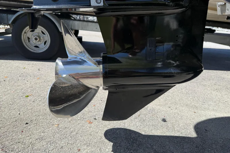 Slide: The Image of Close-up of a 2020 Avalon Catalina Quad Lounge boat propeller on a trailer. - 24