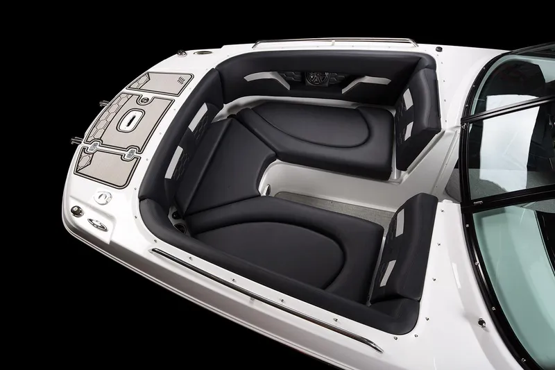 Slide: The Image of Manufacturer Provided Image: 2024 Four Winns HD5 boat interior with black seating and sleek design. - 29