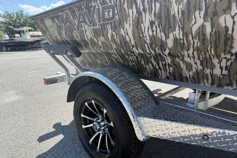 Slide: The Image of 2026 Avid 18 Rogue CC boat with camouflage design on a trailer. - 2