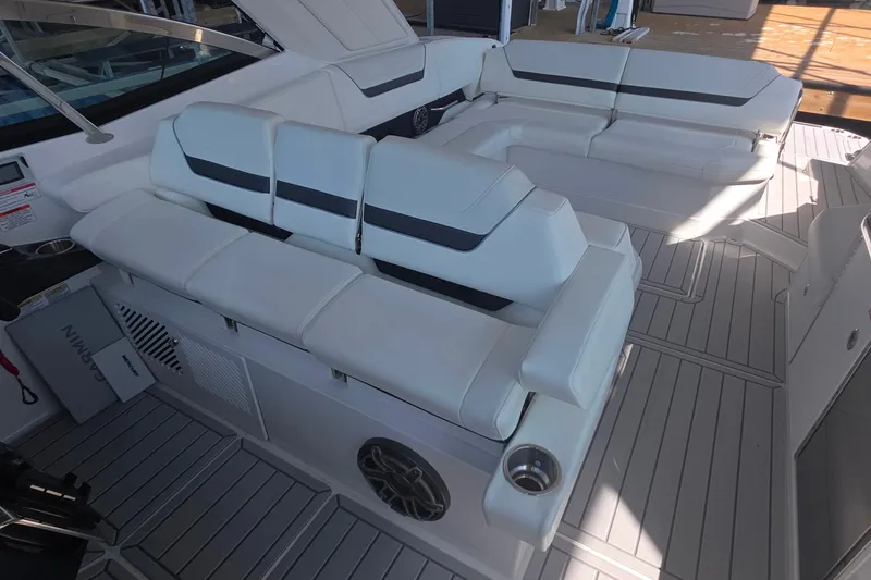 Slide: The Image of 2026 Formula 360 Crossover Bowrider I/O interior with luxurious white seating and modern design. - 19