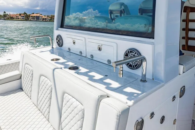 Slide: The Image of 2023 HCB 53 Suenos luxury boat interior with sleek seating and modern fixtures. - 43