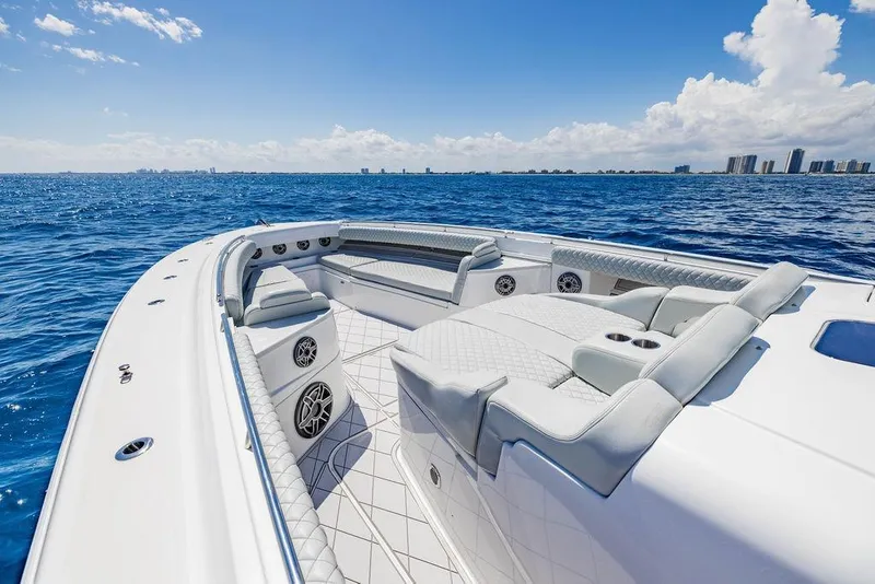 Slide: The Image of Luxurious 2023 HCB 53 Suenos boat interior with ocean view and skyline in background. - 78