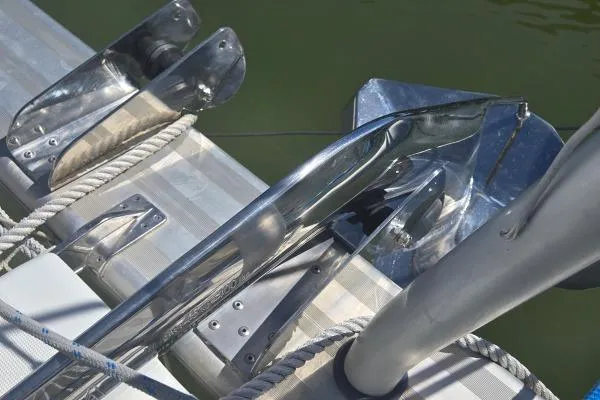 Slide: The Image of Stainless steel anchors on a 2018 Lagoon 42 catamaran deck. - 22