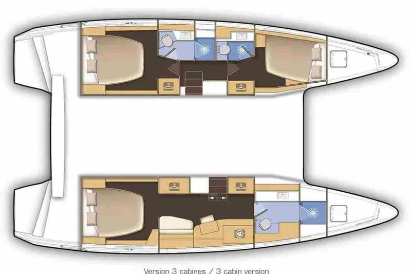 Slide: The Image of Floor plan of a 2018 Lagoon 42 catamaran, featuring three cabins and bathrooms. - 31