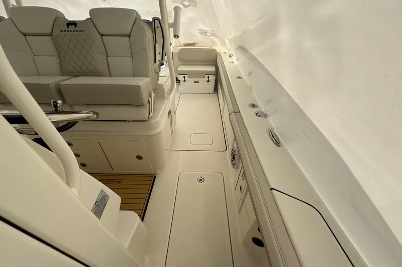 Slide: The Image of 2026 World Cat 325 CC interior with luxurious seating and sleek design. - 11