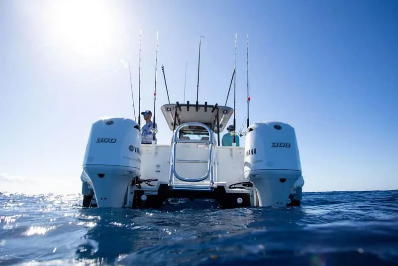 Slide: The Image of Manufacturer Provided Image: 2026 World Cat 325 CC boat on open water, rear view with fishing rods. - 22
