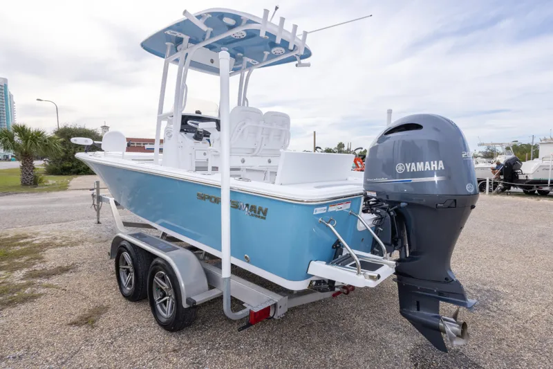 Slide: The Image of 2023 Sportsman Masters 227 Bay Boat with Yamaha engine on trailer. - 13