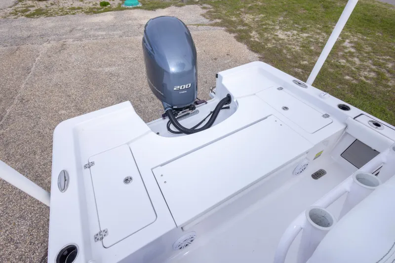 Slide: The Image of 2023 Sportsman Masters 227 Bay Boat with Yamaha 200 engine, rear deck view. - 28