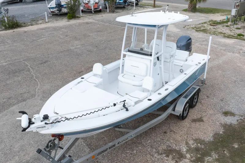 Slide: The Image of 2023 Sportsman Masters 227 Bay Boat on trailer, featuring sleek design and modern amenities. - 8