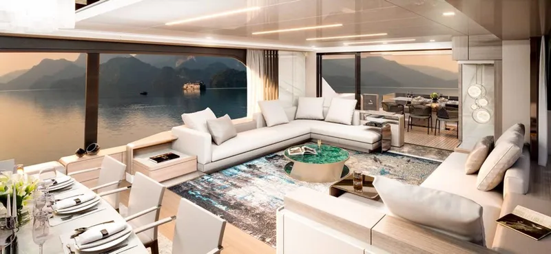 Slide: The Image of Luxurious interior of 2026 Ladenstein L88 yacht with panoramic ocean views and elegant furnishings. - 10