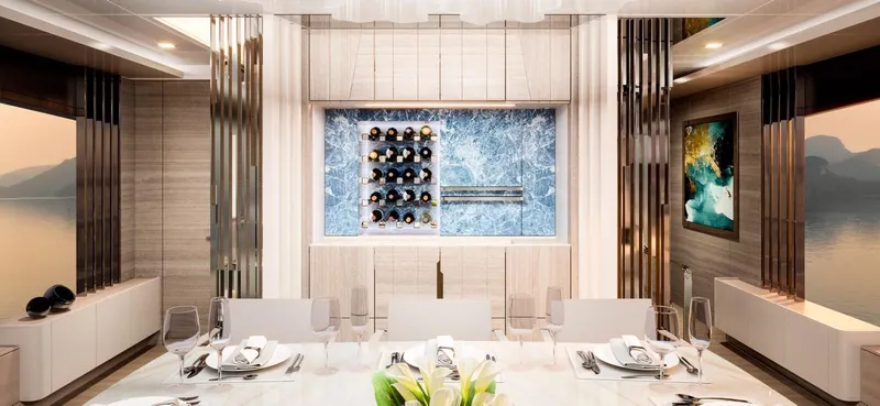 Slide: The Image of Luxurious interior of 2026 Ladenstein L88 yacht with elegant dining area and wine display. - 11