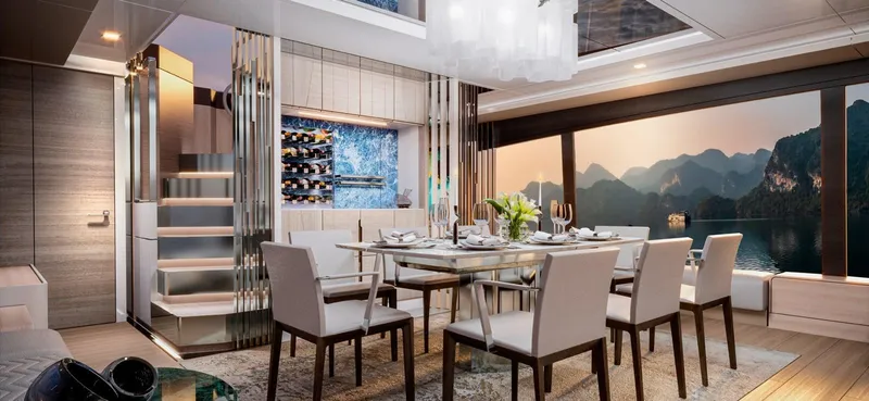 Slide: The Image of Luxurious dining area on 2026 Ladenstein L88 yacht with elegant decor and scenic ocean view. - 12
