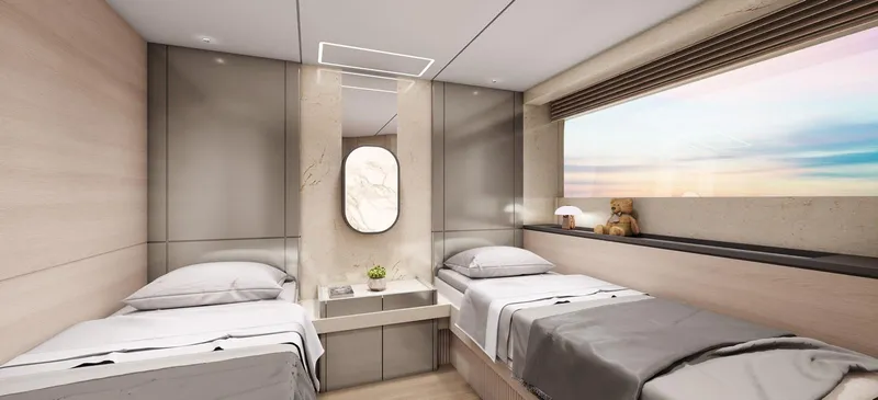 Slide: The Image of Luxurious 2026 Ladenstein L88 yacht cabin with twin beds and scenic window view. - 14