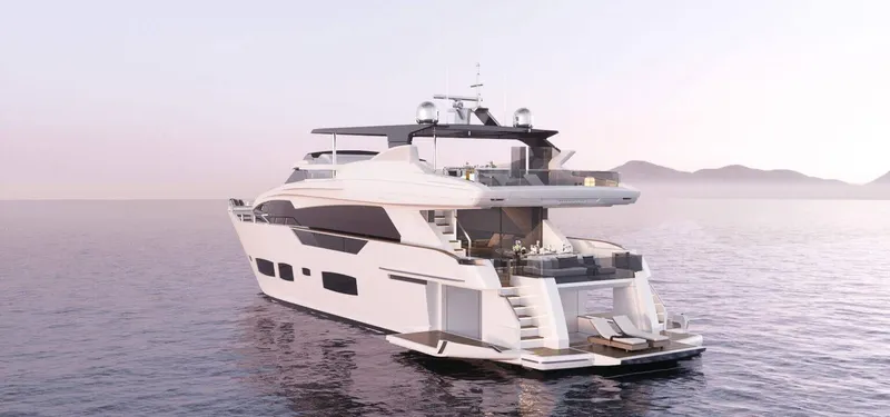 Slide: The Image of Luxury 2026 Ladenstein L88 yacht on serene water with distant mountains. - 15