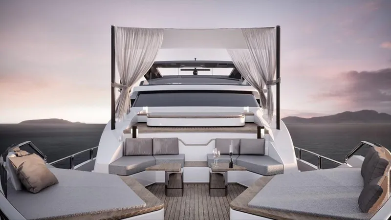 Slide: The Image of Luxurious 2026 Ladenstein L88 yacht deck with elegant seating and ocean view at sunset. - 5