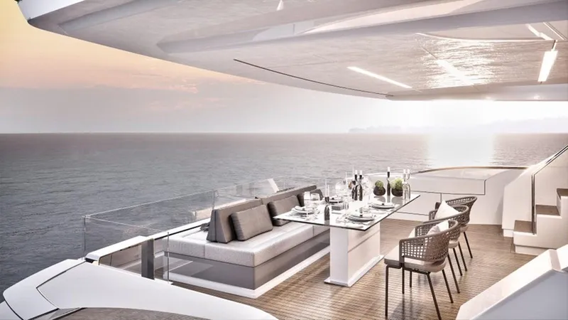 Slide: The Image of Luxurious 2026 Ladenstein L88 yacht deck with elegant dining setup and ocean view. - 6