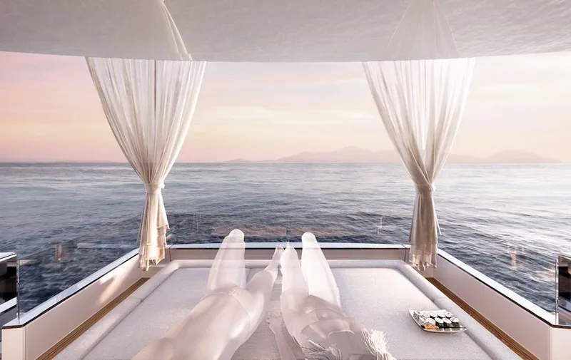 Slide: The Image of Luxurious 2026 Ladenstein L88 yacht with ocean view, elegant deck, and serene sunset ambiance. - 7