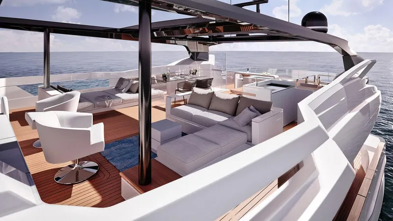 Slide: The Image of Luxurious 2026 Ladenstein L88 yacht deck with modern seating and ocean view. - 8