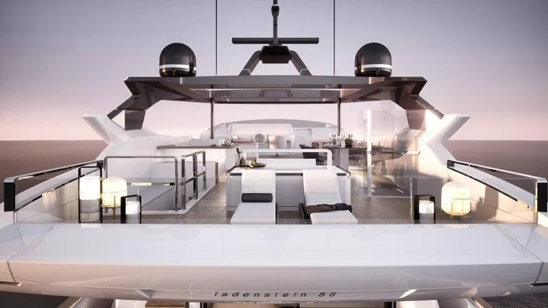 Slide: The Image of Luxurious 2026 Ladenstein L88 yacht with sleek design and modern amenities at sunset. - 9