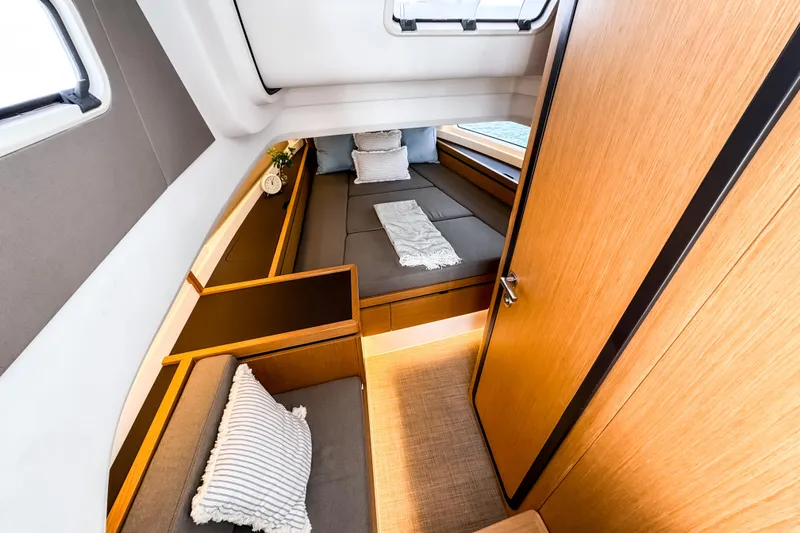 Slide: The Image of Luxurious cabin interior of 2025 Aiata Wayfinder 38 Open yacht, featuring modern design. - 16