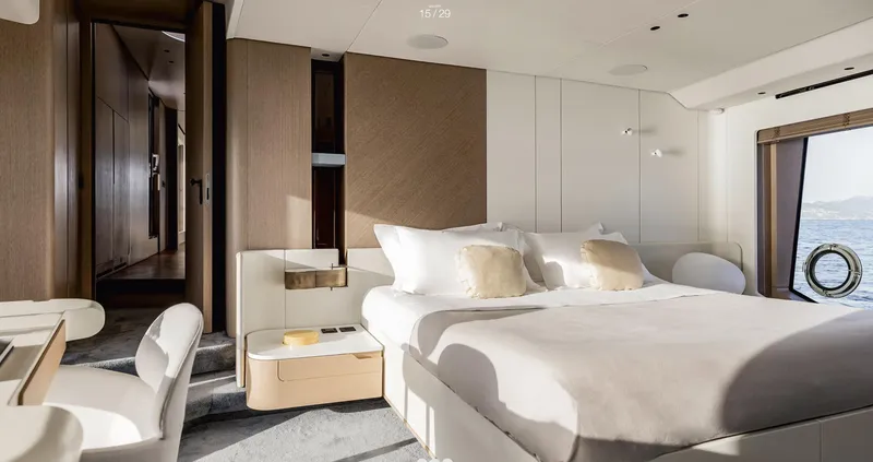 Slide: The Image of Luxurious bedroom interior of 2025 Azimut Grande 26M yacht with modern design and sea view. - 18