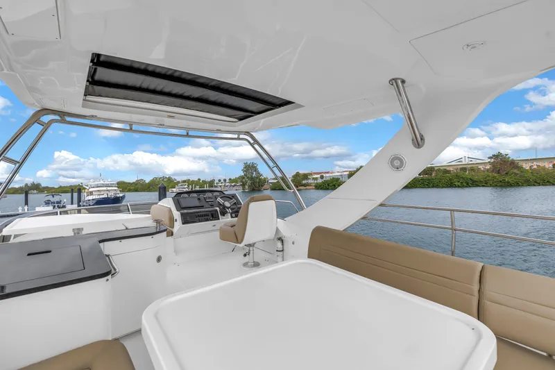 Slide: The Image of Flybridge view of 2016 Sea Ray 510 Fly yacht with helm and seating area. - 36