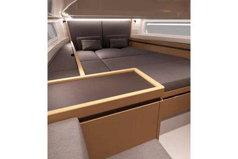 Slide: The Image of Luxurious interior of 2026 Aiata Wayfinder 38 yacht with modern bedding and sleek design. - 18