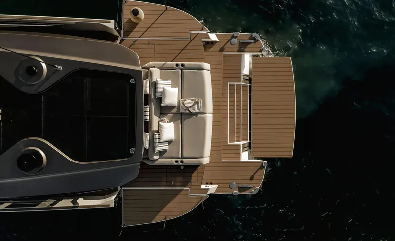 Slide: The Image of Top view of 2025 Azimut Seadeck 6 yacht with elegant deck design. - 2