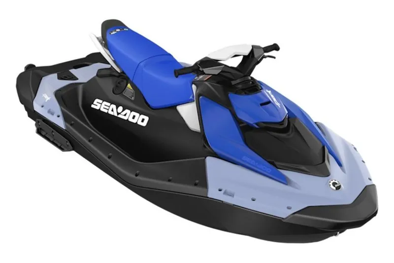 Slide: The Image of 2026 Sea-Doo Spark for 3, blue and black jet ski, side view. - 2
