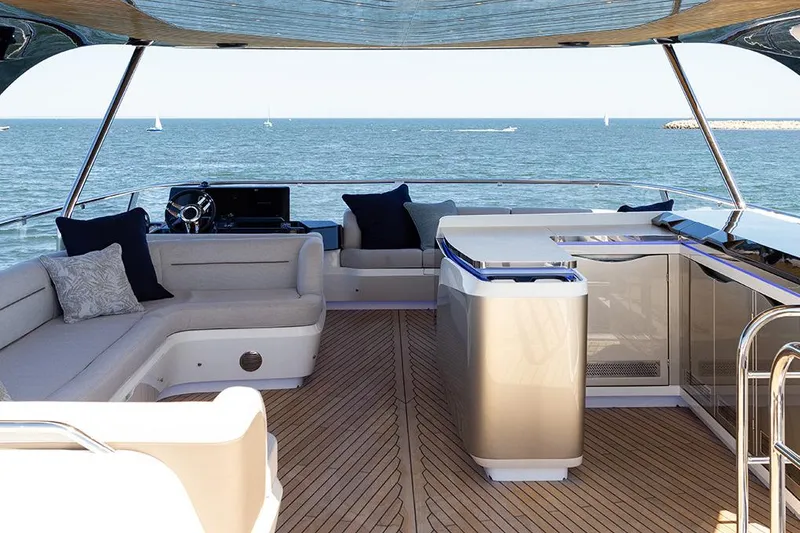 Slide: The Image of Manufacturer Provided Image: Luxurious 2025 Galeon 620 FLY yacht deck with elegant seating and ocean view. - 7
