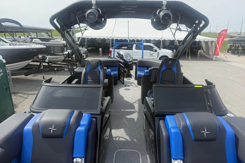 Slide: The Image of 2026 Berkshire 25RFX DC STS pontoon boat with modern seating and sleek design. - 6